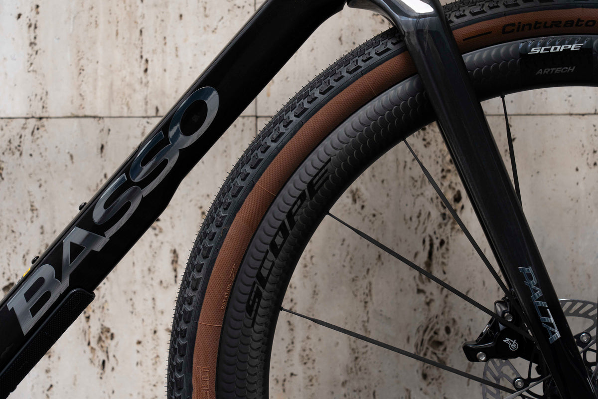 Basso branding on the down tube highlighting the premium Carbon Chrome paint finish on the Palta III gravel complete bicycle by Cicli Corsa.