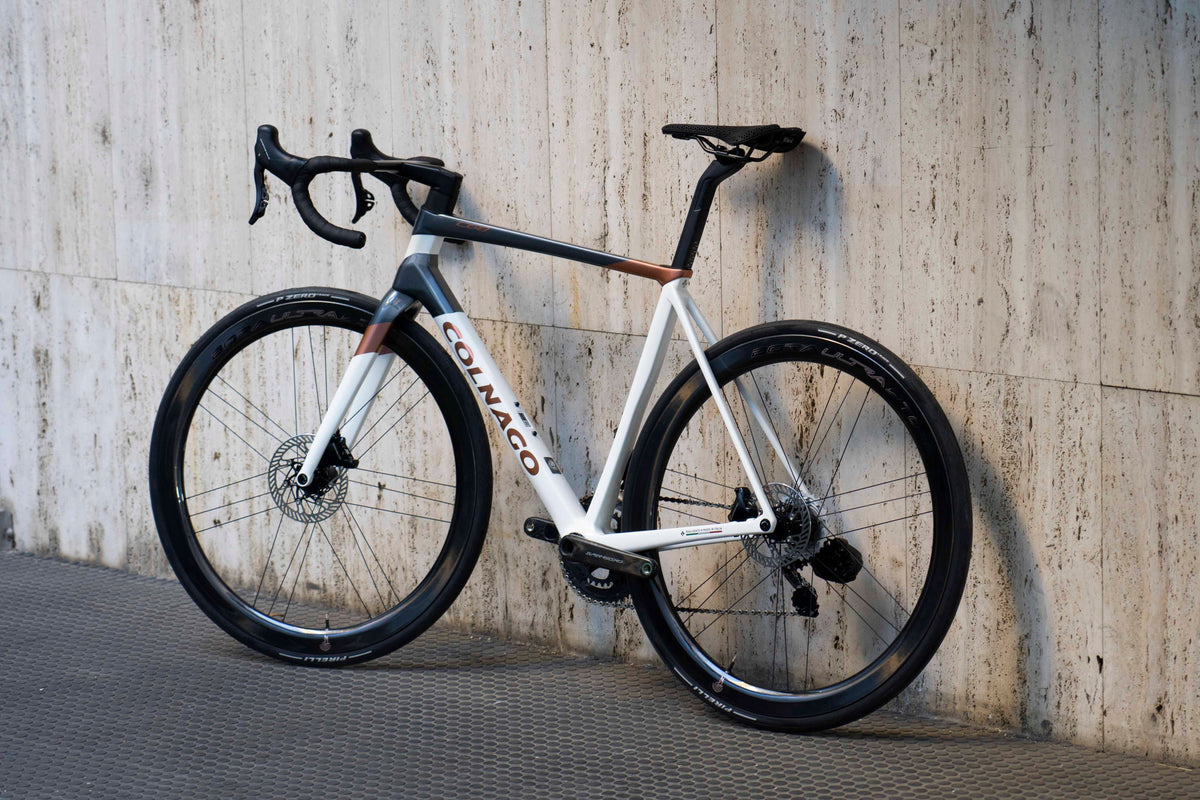 Non-drive side view of the Colnago C68 HRGG size 51 lugged carbon complete road bicycle featuring premium Campagnolo components, assembled by Cicli Corsa.