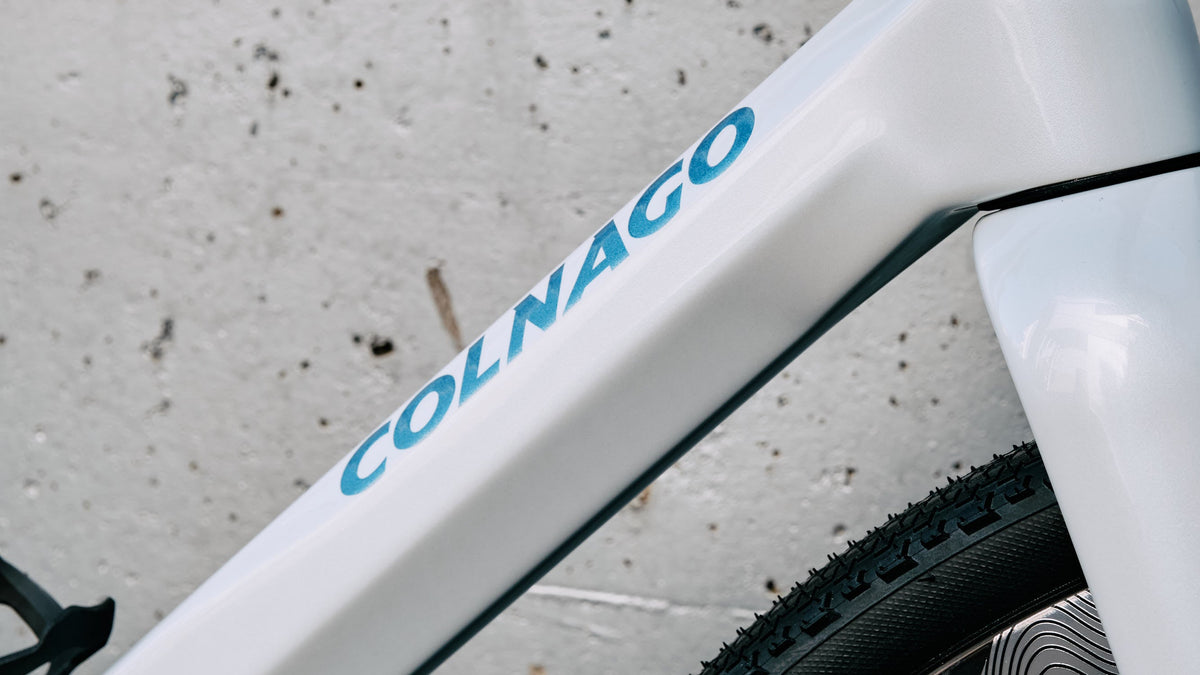 Down tube branding and frame details on the Colnago C68 Gravel complete bicycle by Cicli Corsa.
