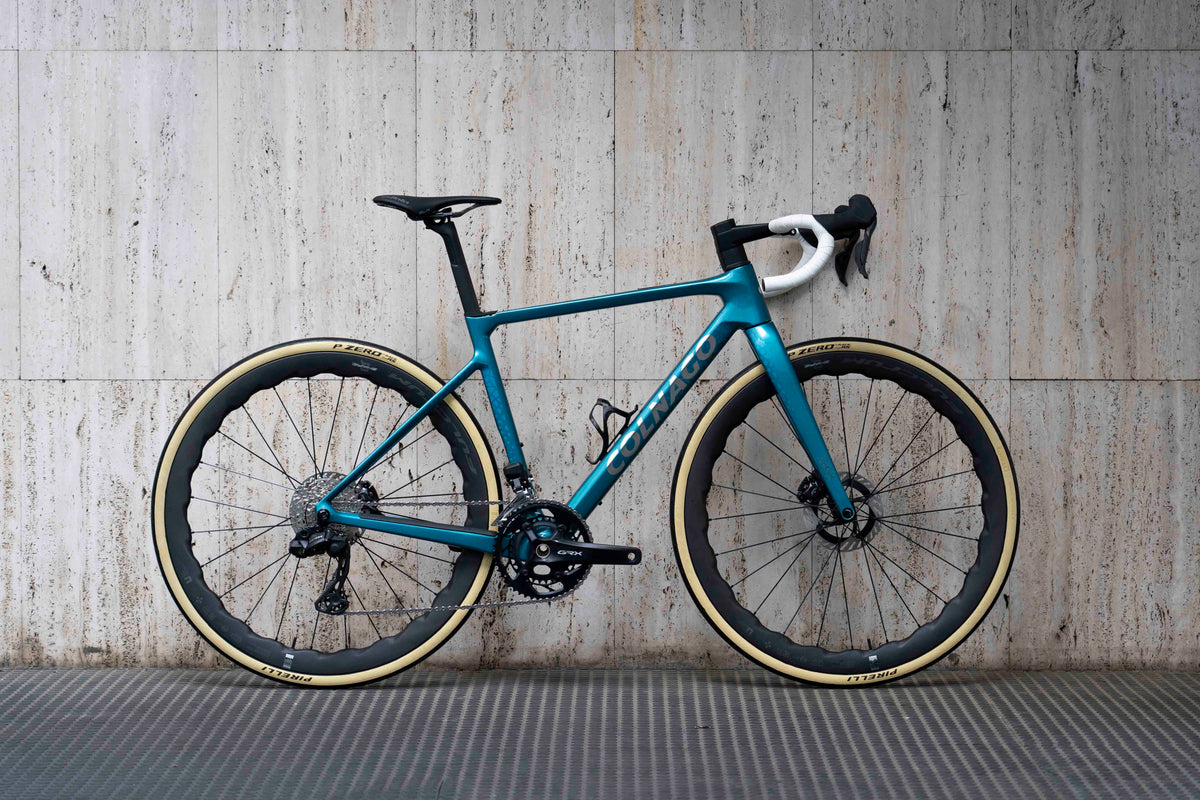 Drive side view of the Colnago G4-X ICBL Blue complete bicycle, custom built by Cicli Corsa.